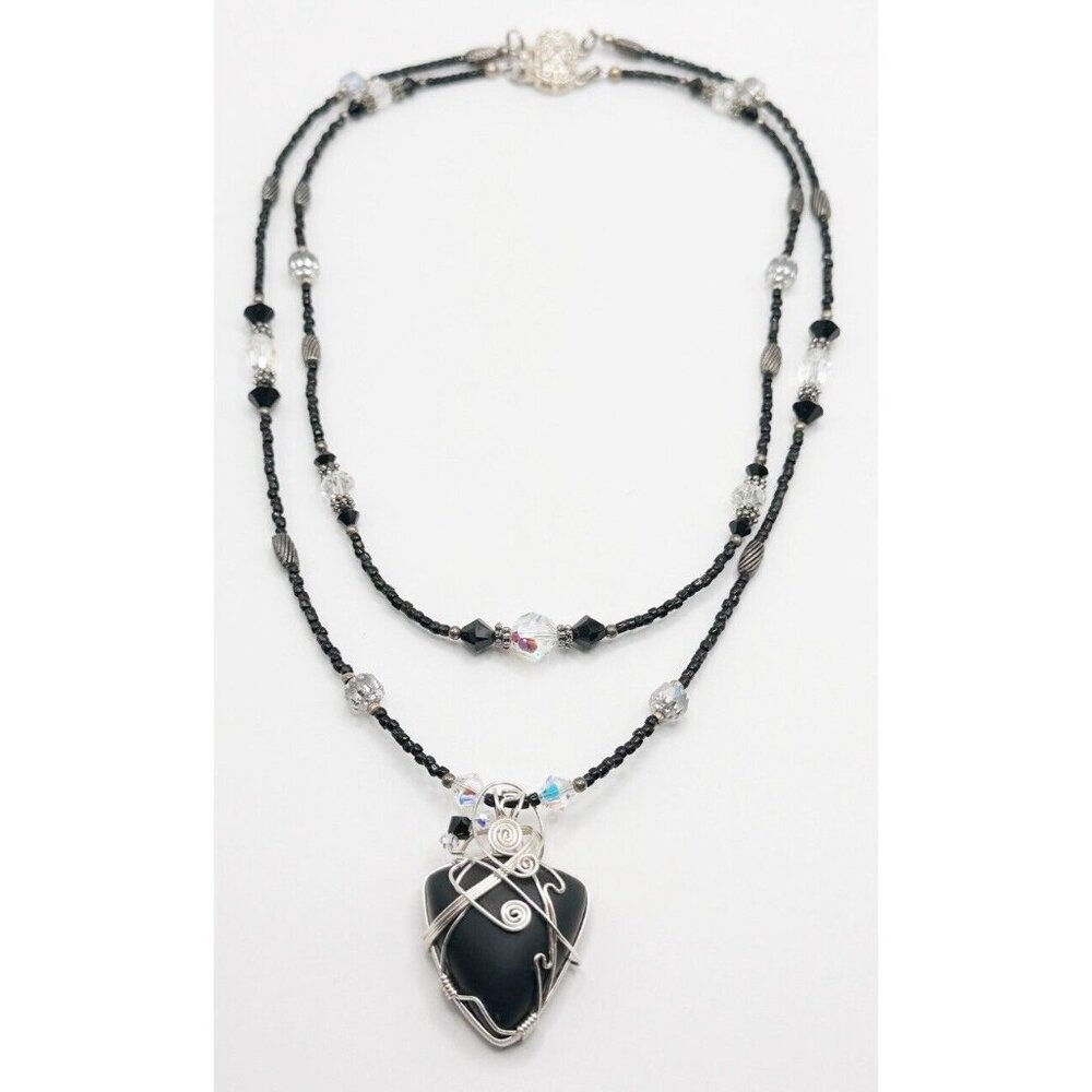 Wire Wrapped Black Stoneâ Heart Beaded Double Strand Necklace